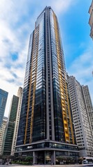 Fototapeta premium Striking modern office building featuring blue glass and yellow accents under a vibrant blue sky in a bustling urban setting
