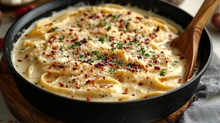 A delightful dish of fettuccine Alfredo garnished with herbs and red pepper flakes