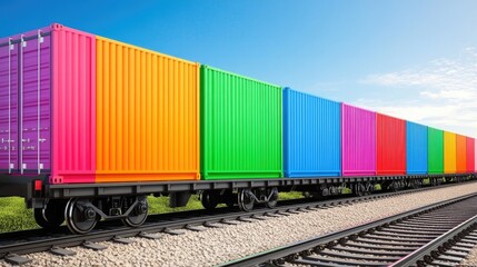 Fototapeta premium Colorful cargo containers fill an old train car against a bright blue sky on a sunny day