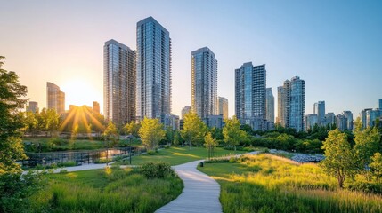 Fototapeta premium Urban park with modern skyscrapers at sunset, showcasing nature and city life harmony.