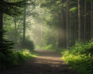 Fototapeta premium A forest path with trees in the background. The sun is shining through the trees, creating a peaceful and serene atmosphere