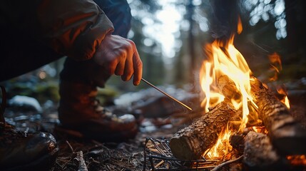 A person is tending a fire in a forest, using a stick to poke the flames, surrounded by nature and soft, diffused lighting.