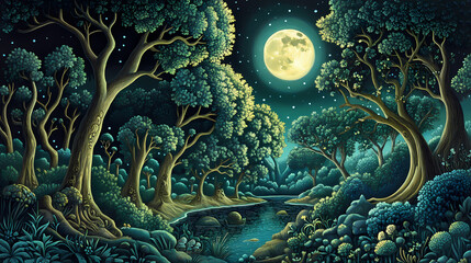 An enchanted forest within eden park, where trees whisper ancient secrets and mystical creatures roam under moonlit canopies. Mystical. Illustration