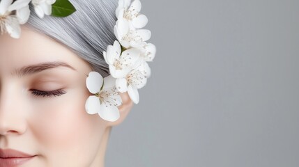 Naklejka premium Serene beauty: portrait of a woman with blossoming flowers in her hair
