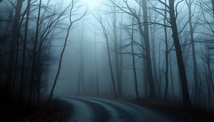 Mysterious road. Fairy Mysterious Forest. Mystical atmosphere. Paranormal another world. Stranger forest in a fog. Dark wood. Background wallpaper. Scary forest trees in a fog. Horrible dream isolat