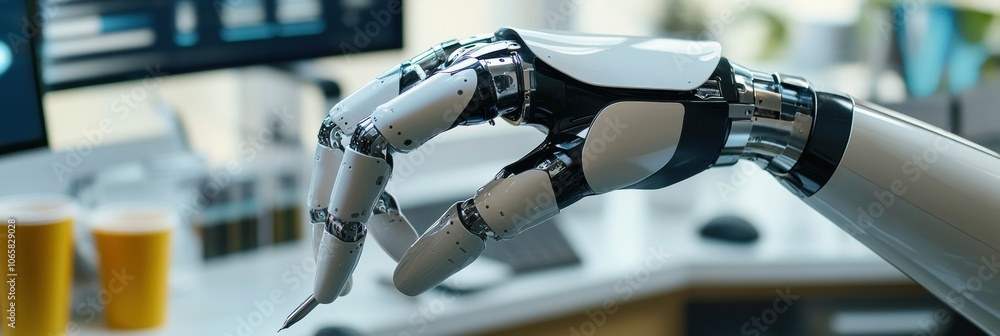 Aufkleber a robotic prosthetic hand skillfully grips a small object while situated in a contemporary workspace