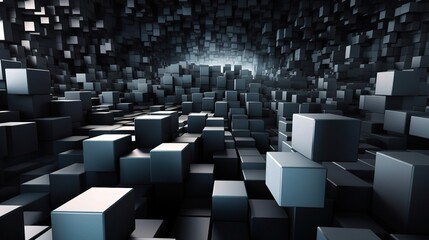 Fototapeta premium Abstract 3D Cube Tunnel: Dark, metallic cubes form a tunnel leading to a bright light source. This image evokes feelings of mystery and exploration. 