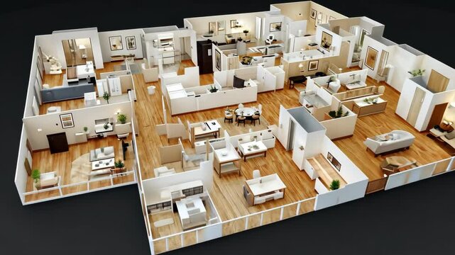 A 3D model of a modern apartment with hardwood floors and white walls