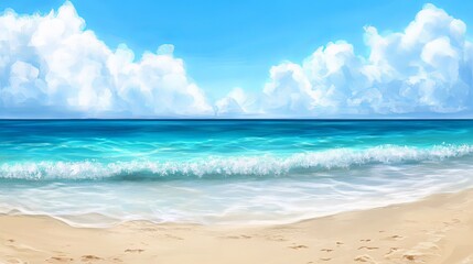 Fototapeta premium A summer scene with soft beach sand in the foreground, leading to a serene sea in the background, capturing the essence of a warm, coastal paradise.