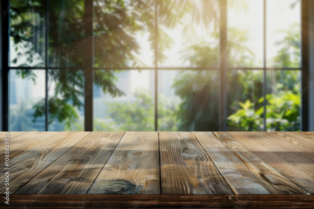 Poster empty wood table top with blur glass window background for product display.