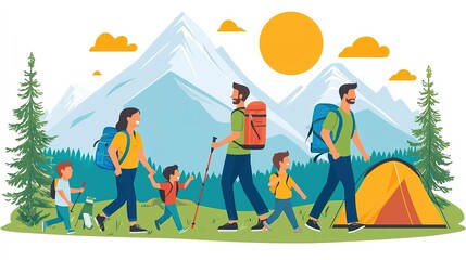 Fototapeta premium A family enjoys a hiking adventure in the mountains, surrounded by trees and a sunny landscape, with a campsite visible.