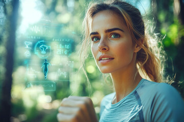 Focused Woman Jogging with Fitness Tracker Data Overlay in Forest Environment