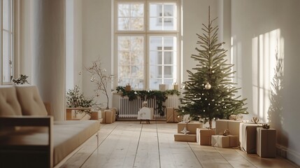 Fototapeta premium Christmas scene with minimal greenery, few neutral-toned presents, Scandinavian style room with subtle holiday decor