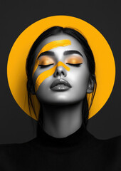 Black and white portrait of a serene woman with yellow paint strokes on her face, set against a vibrant yellow halo.