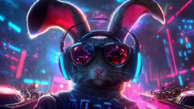 DJ Easter bunny playing music at the DJ desk in a nightclub in neon lighting. Party concept.
