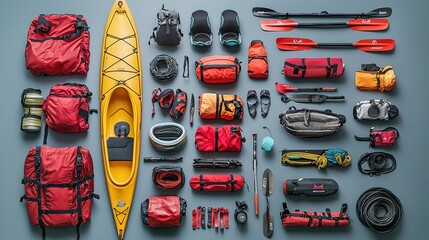 A vibrant arrangement of kayaking gear, featuring a yellow kayak surrounded by various red packs, paddles, and equipment for water adventures.