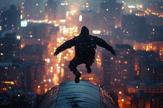 A daring parkour runner leaps across a rooftop in a vibrant city at night