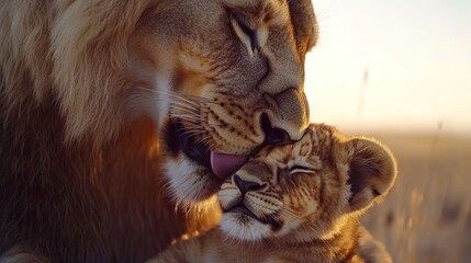 Fototapeta premium A lion lovingly nuzzles its playful cub during a golden sunset in the savanna