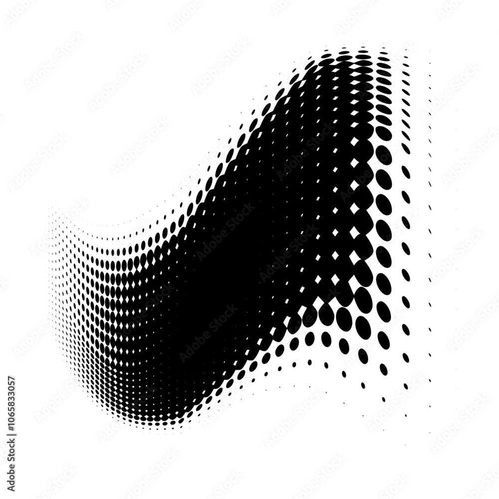 Poster halftone pattern with black dots arranged in a curved shape on a white background