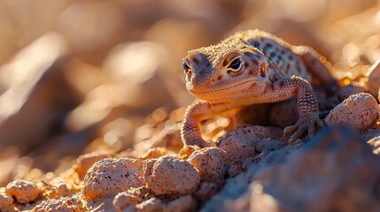 A close-up of a textured amphibian on sandy terrain, showcasing its unique features and natural habitat in soft, warm light.
