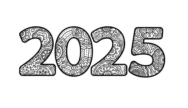 2025 zentangle New Year number. Date decoration lettering 2025 happy winter holiday greeting card and antistress adult coloring page vector illustration