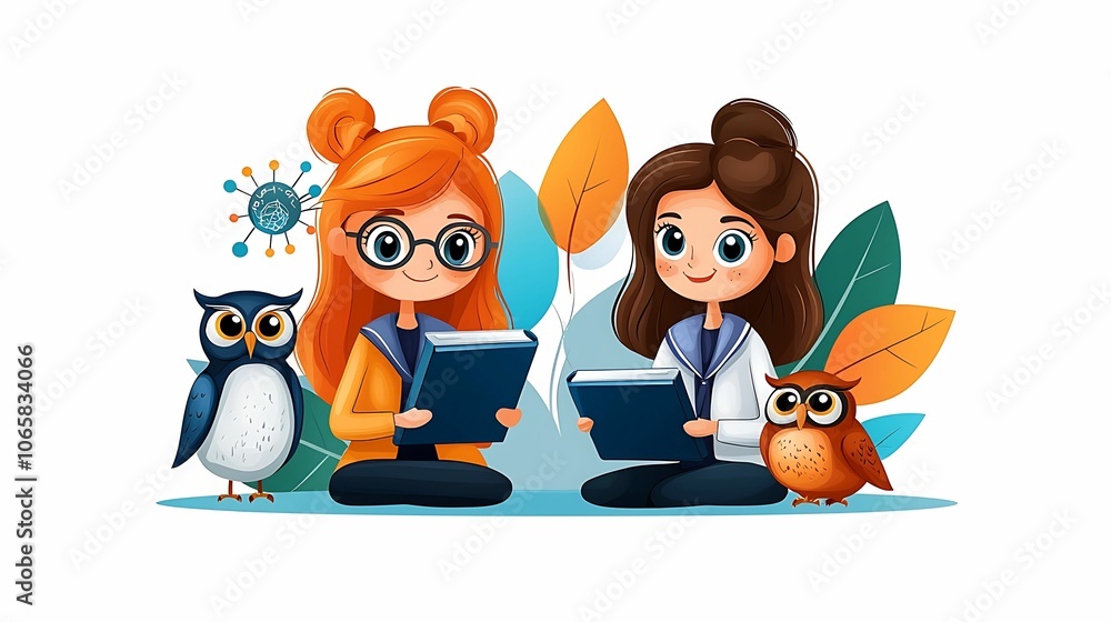 Aufkleber two girls engaged in reading surrounded by owls and colorful nature elements emphasizing learning an