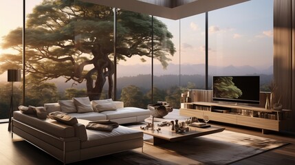 Fototapeta premium Modern living room with large TV, chic furniture, and comfortable seating, creating an elegant entertainment space.