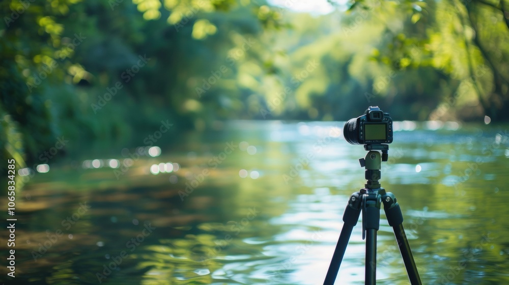 Poster defocused image of a tripod set up in a peaceful river capturing the serene scenery around it.