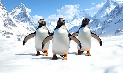 Obraz premium Three playful penguins marching through a stunning snow-covered mountain landscape capturing the essence of winter wildlife adventure
