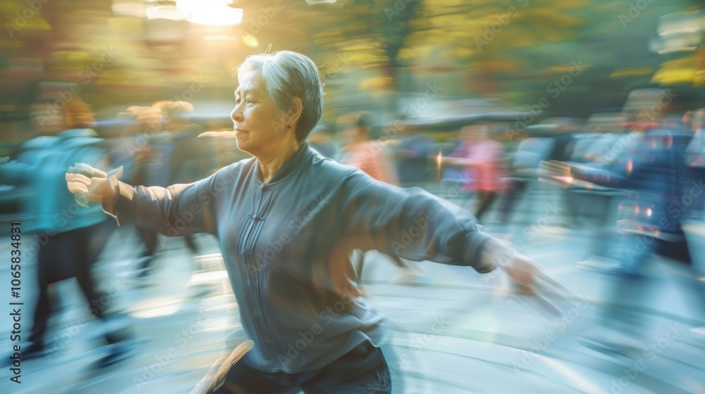 Poster soft focus captures the meditative state of the participants as they flow through the tai chi routin