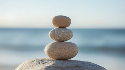 Smooth stones stacked on top of each other by the beach, symbolizing balance and tranquility against a serene ocean backdrop.