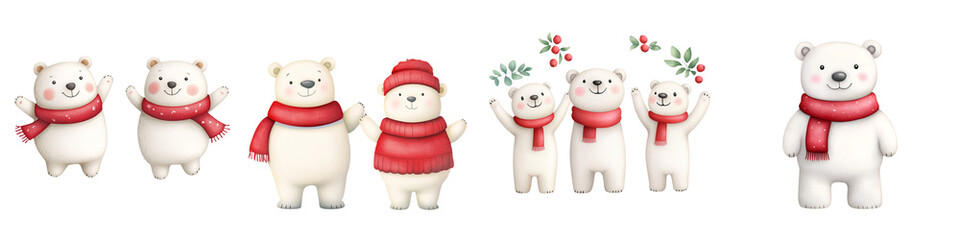 Fototapeta premium A cheerful lineup of cute polar bear figures, each wearing festive scarves and hats, celebrating a winter theme.