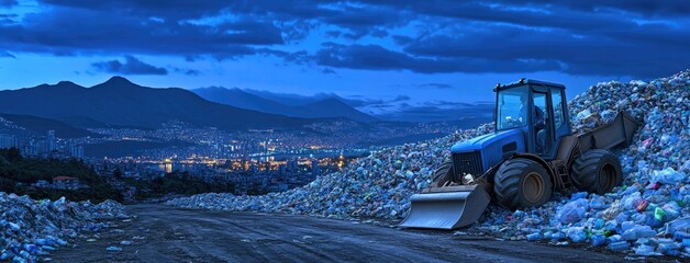 Evening at the landfill as a bulldozer clears rubbish among piles of bags, bottles, and cans in an industrial waste complex