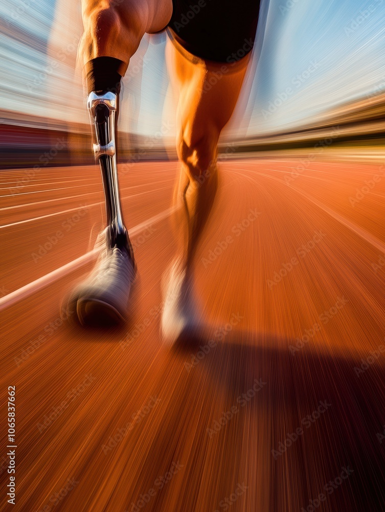 Poster an athlete runs swiftly on a track with a prosthetic leg, showcasing determination and speed in a su