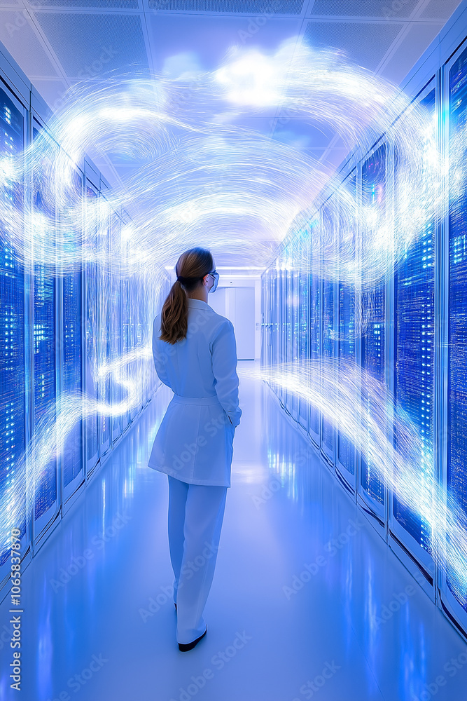 Poster a researcher in a white lab coat observes illuminated data racks and digital streams in a futuristic
