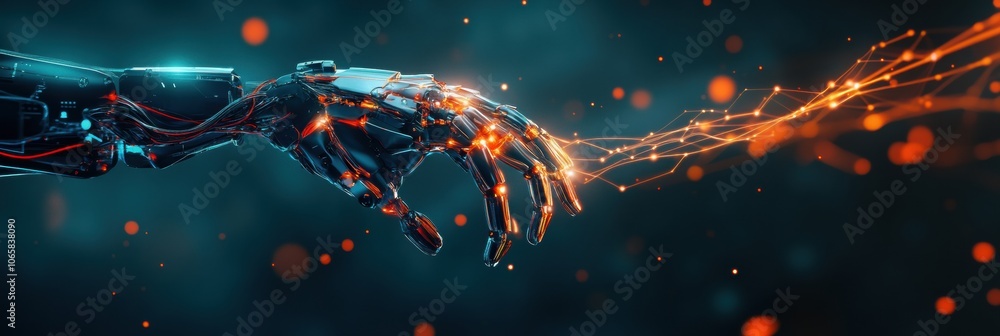 Fototapete a futuristic prosthetic arm is shown, connected to the brain by glowing lines that suggest neural co