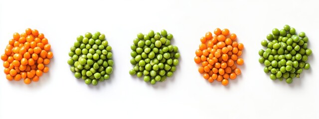 Peas displayed in five different packaging styles, arranged on a pure white background with no shadows