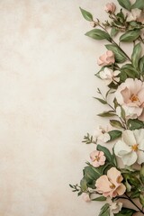 Elegant floral composition with pastel blooms and greenery on textured background