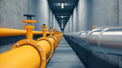 A detailed view of long water pipes and heating systems in a modern home interior, showcasing efficient connections and technology