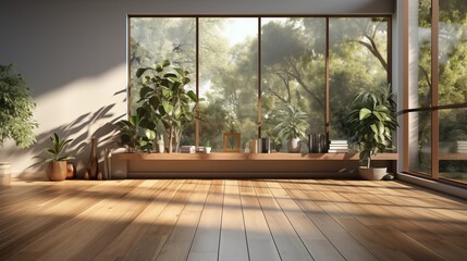 Fototapeta premium Open modern loft room with wood floors and a view of the garden, perfect for bright, spacious interiors.
