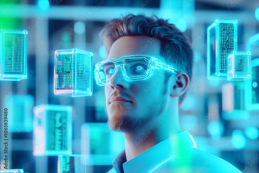 Poster a person examines glowing holographic data while wearing advanced augmented reality glasses in a tec