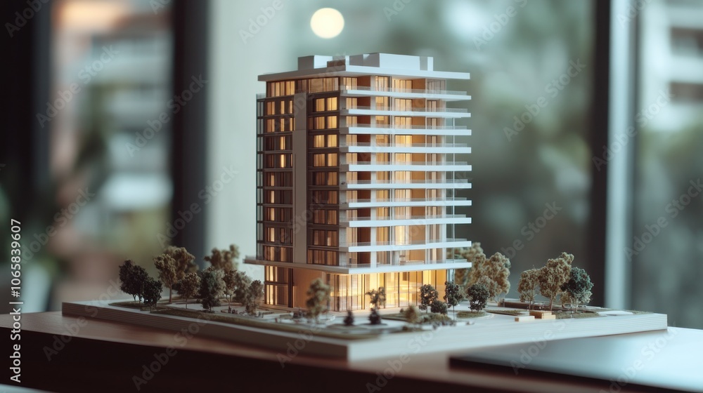 Poster a detailed architectural model of a modern building with surrounding landscape features.