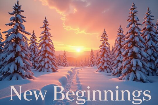 Winter landscape with snowy trees and sunrise, inspirational quote "New Beginnings" 