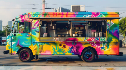 Colorful food truck concept design modern creative elements street food business, vibrant, bright, mobile, eatery.