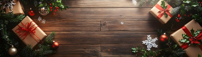 Christmas Presents and Decorations on a Wooden Background