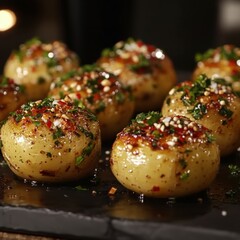 Obraz premium Baked potatoes with herbs and spices on a dark tray