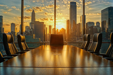 An empty boardroom in an office with a great view of a big city at sunset.