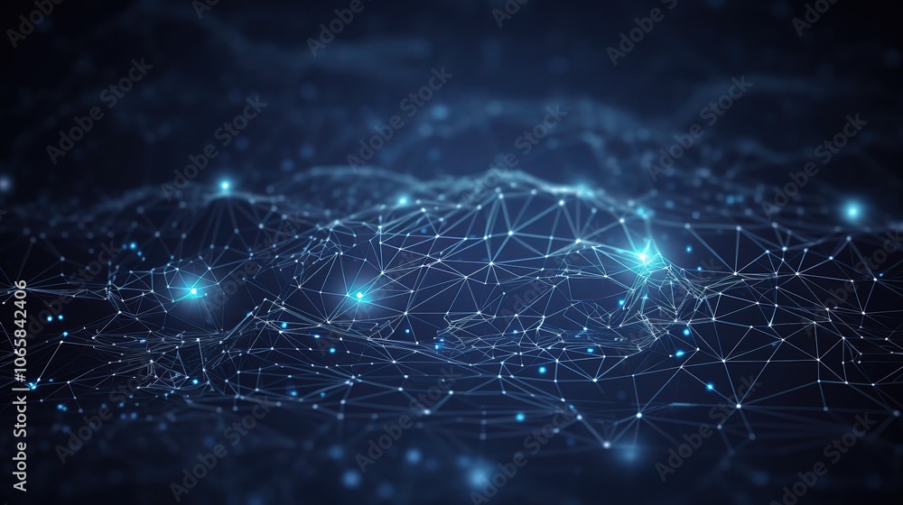 Poster abstract digital landscape: an ethereal, interconnected network of glowing nodes forms an abstract d
