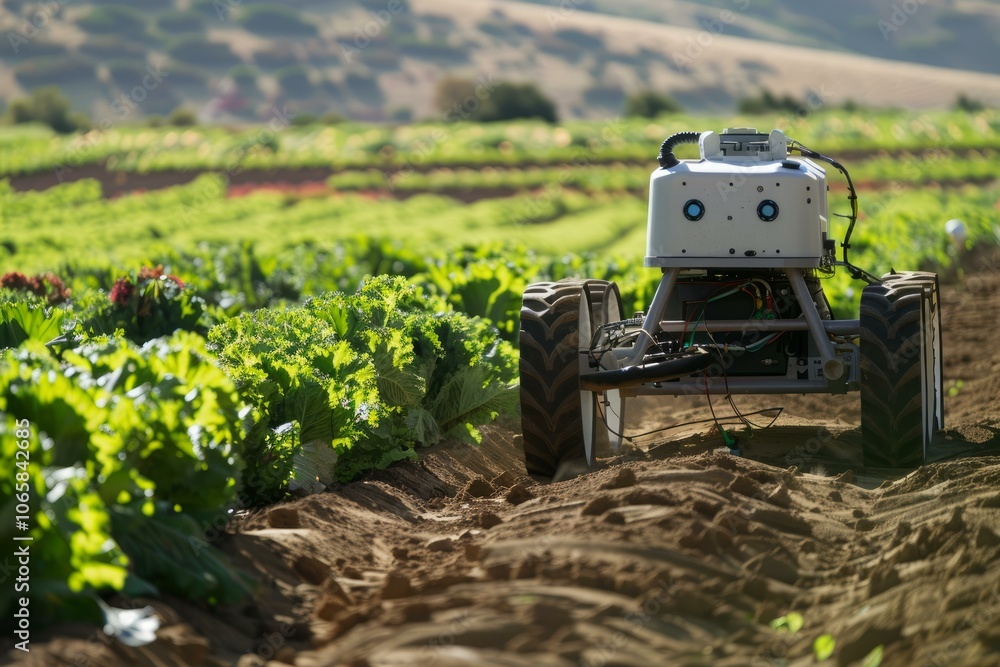 Poster Modern agricultural machine driving through a field of crops, marking a turning point in farming practices