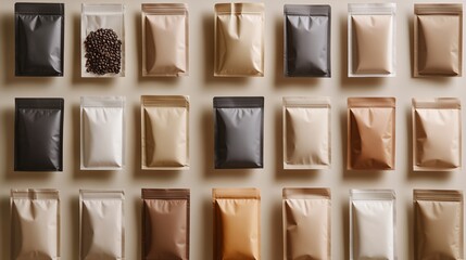 Colorful coffee packaging display with various beans and pouches